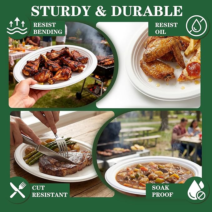 Tinybee 100% Compostable Oval Paper Plates 12 Inch [50-Pack] Heavy Duty Large Paper Plates, Biodegradable Bagasse Platters, Eco-Friendly Dinner Plate for BBQ/Picnic/Party (BPI Certified,Microwaveable)