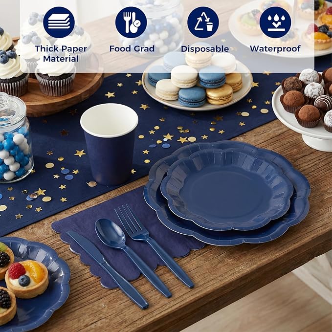 NatNarr 350 Pcs Navy Blue Plates and Napkins Set, 50 Guest Navy Blue Party Supplies Include 9" Graduation Plates & 7" Cake Plate Disposable Plastic Cutlery for Birthday Graduation Party Wedding
