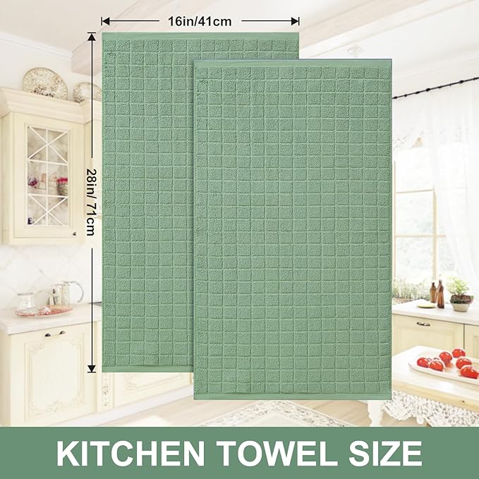 Homaxy Premium Cotton Kitchen Towels 16"x 28", Large Natural Ring Spun 390 GSM Dish Towels, Super Absorbent Terry Kitchen Hand Towels, Soft Tea Towels with Hanging Loop, Pure Grass Green, 4 Pack