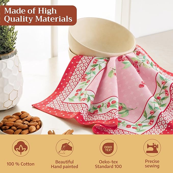 Maison d' Hermine 100% Cotton Cloth Napkins Set of 4 Everyday Reusable Square Napkins Cloth Washable Dinner Party Wedding Restaurant Hotel Kitchen Spring Summer (Pink Cherries, 18" x 18")