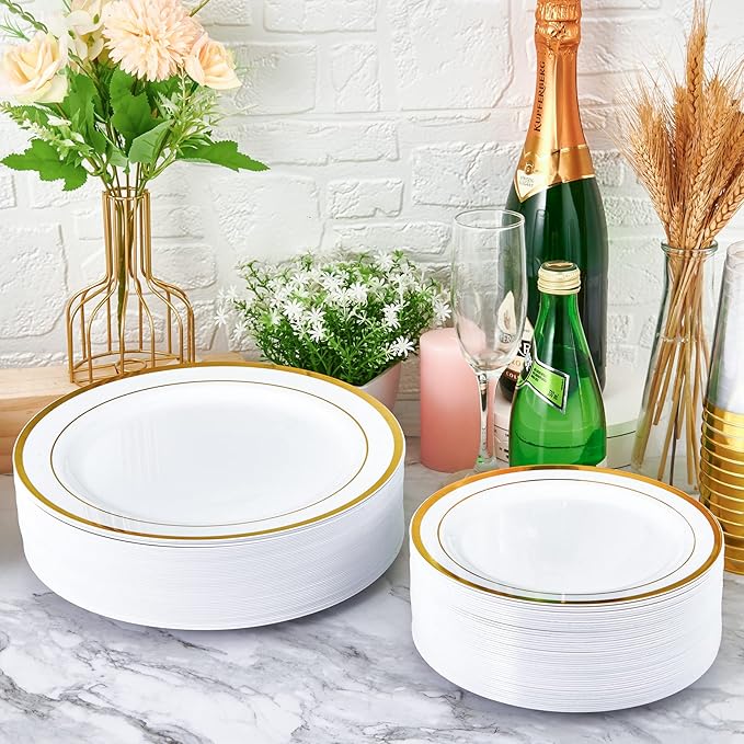 JollyPack 100 Piece Disposable Gold Plastic Party Plates, Including 50 10 Inch Dinner Plates and 50 7 Inch for Dessert, Great for Parties, Weddings, Home Use, and Thanksgiving