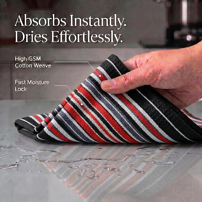 Urban Villa Kitchen Towels Waffle Stripes Dish Towels for Kitchen Black Color Set of 6 Kitchen Towels Highly Absorbent Cotton Over Sized 20X30 in with Mitered Corners Kitchen Hand Tea Towels