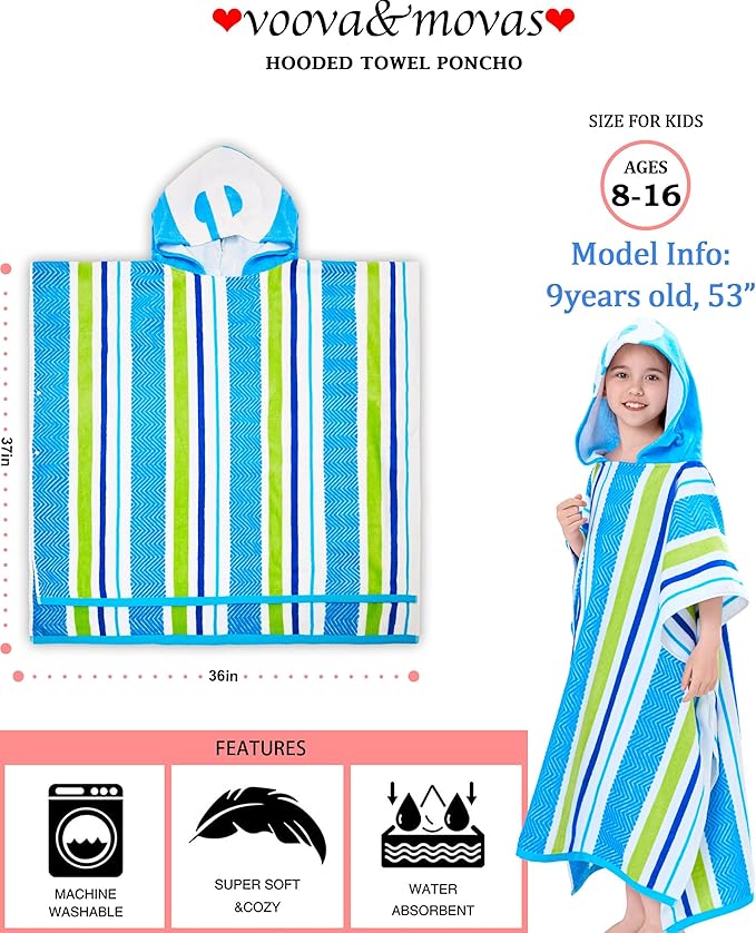 VOOVA & MOVAS Teens Hooded Poncho Towel for Boys 8-16 | Super Absorbent 100% Cotton Robe | Pool, Beach & Bath Towel | Blue Green& White Stripe Design