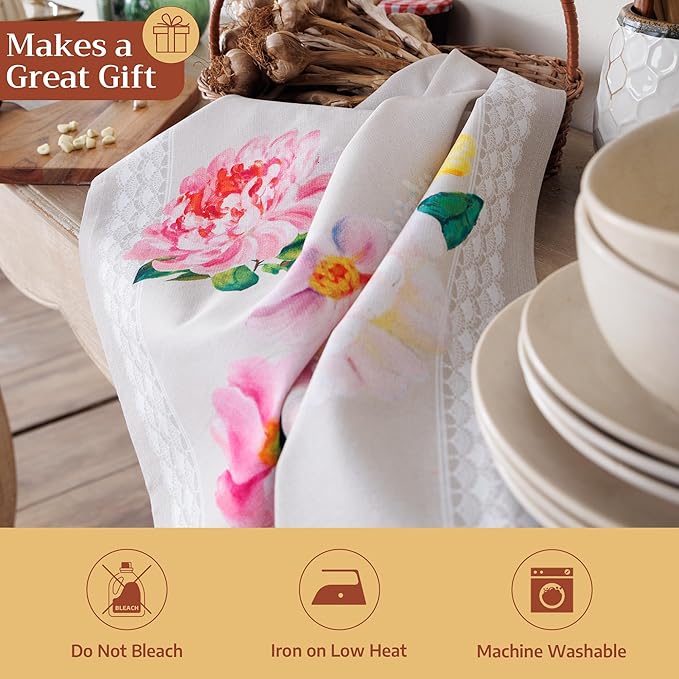 Maison d' Hermine Kitchen Towels Set of 3 100% Cotton 27.50" x 20" Reusable Cloth Tea Dish Towels Absorbent with Hanging Loop for Kitchen Farmhouse Hotel Spring Summer - Pivoine