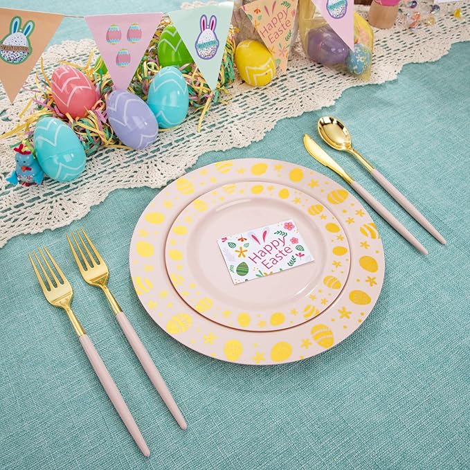 LIYH 60 Pcs Pink Plastic Easter Egg Plates Disposable Dinner & Dessert Plates with Gold Rim for Easter Day Party Decor 30 Guests