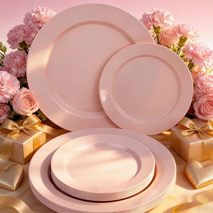 FLOWERCAT 200PCS Pink Plastic Plates Disposable Plates for Party - Heavy Duty Plastic Plates - 100 10" Pink Dinner Plates and 100 7" Pink Salad Plates for Weddings,Parties,Mother's Day