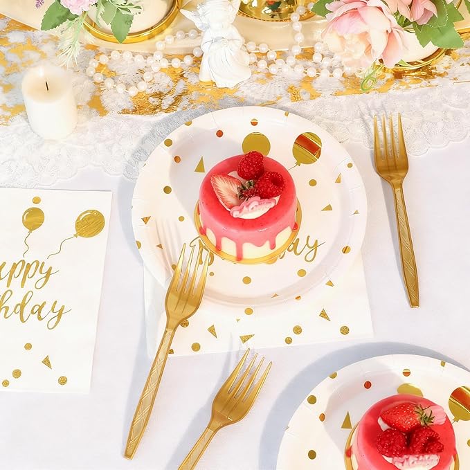 75 Pcs Happy Birthday Paper Plates,Serves 25 Guests White Gold Plates and Napkins with Gold Forks,Disposable Paper Tableware Set for Birthday Party Decorations