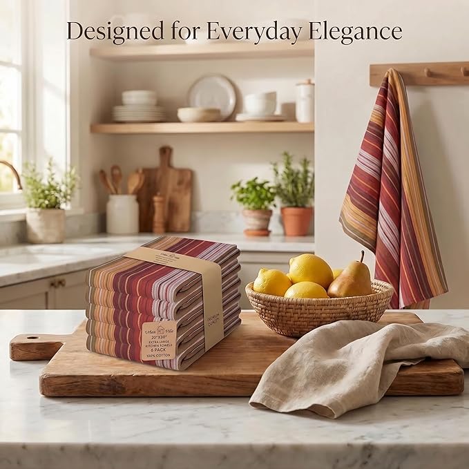 Urban Villa Kitchen Towels Harvest Stripes Towels Set of 6 20" X30” 100% Cotton Highly Absorbent Quick Drying Dish Cloths & Dish Towels Thanksgiving Fall Tea Towels with Hanging Loop Towels