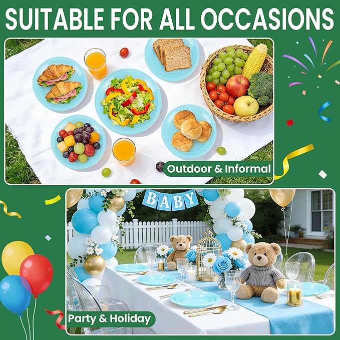 LANLISA 50 Pcs Light Blue Plastic Plates For Party, 25-9" & 25-7" Disposable Cake Dessert Plates For Birthday, Baby Shower, Easter Dinner