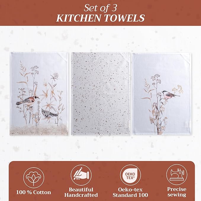 Maison d' Hermine Kitchen Towels Set of 3 100% Cotton 27.50" x 20" Reusable Cloth Dish Towels Absorbent with Hanging Loop for Kitchen Farmhouse Hotel Spring Summer - Meadow Florals - Brown