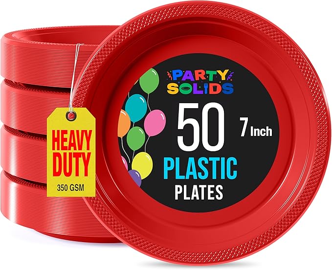 Exquisite Party Solids Red Plastic Plates For Party Supplies 7" Red Disposable Plates Heavy Duty 50 Pcs Plastic Dinnerware Sets Heavy Duty 350 GSM Disposable Dinnerware Set