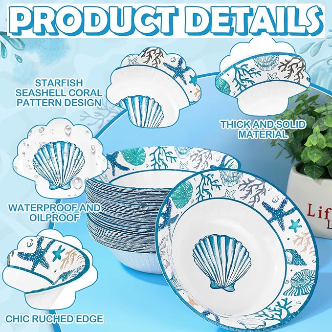 FYSUIMU 100 Pcs Ocean Paper Bowls Snack Bowl Starfish Seashell Coral Disposable Serving Bowls for Summer Party Household Supplies Decor, 12 Oz