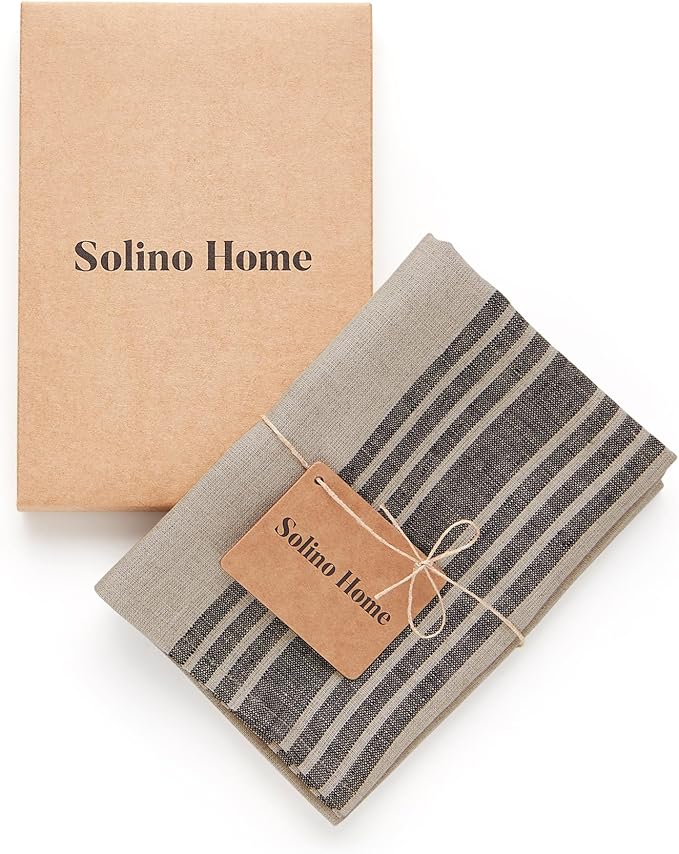 Solino Home Black and Natural Linen Kitchen Towels Set of 2-100% Pure Linen 17 x 26 Inch Farmhouse Tea Towels with Hanging Loop - European Flax Kitchen Dish Cloth - Quick Dry & Machine Washable