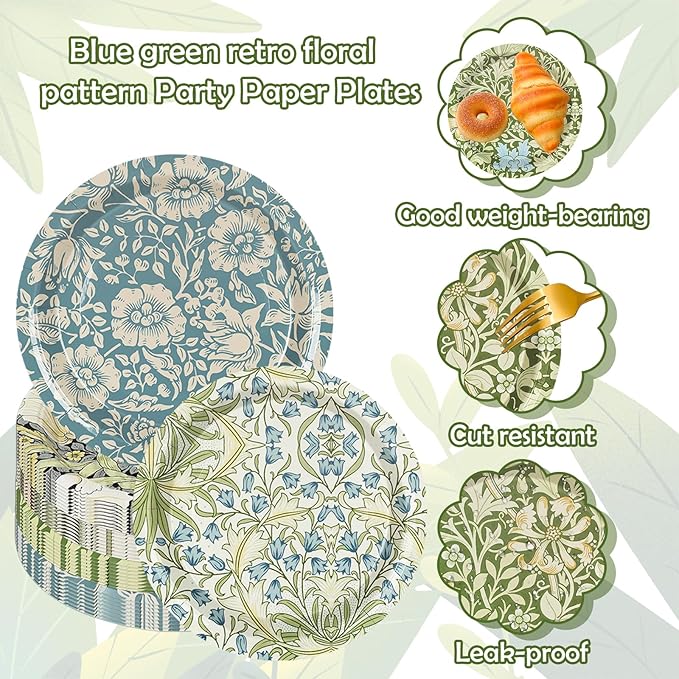 60 Pcs Vintage Wildflower Paper Plates Disposable Plates 9 Inch Green Blue Floral Decorative Dessert Plate for Spring Party Tableware Supplies Table Decor, 6 Designs