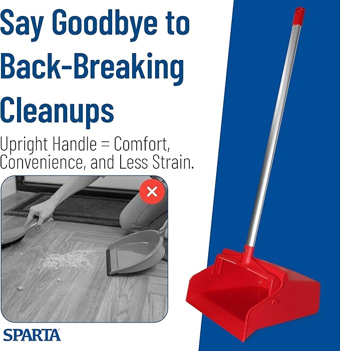 SPARTA Upright Dustpan with Aluminum Handle, Serrated Edge for Broom Combing, Secure Yoke Lock with Easy Storage Hanging Hole for Commercial Cleaning, Plastic, 30 Inches, Red