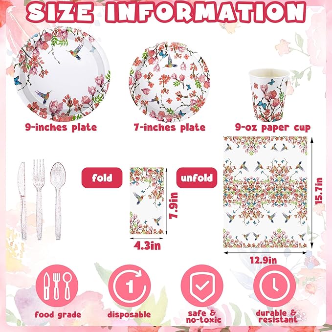 Sinmoe 400 Pcs Spring Plates and Napkins Set Paper Flower Dinnerware Disposable Party Supplies for 50 Guest Dinnerware Knife Fork Spoon for Spring Birthday Party(Multicolor,Bird)