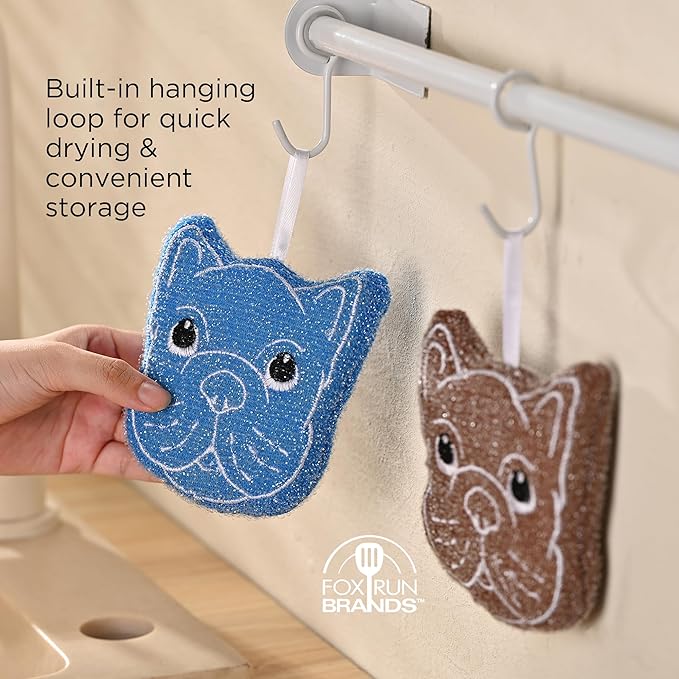 Fox Run Bulldog Kitchen Scrubber Set, Multicolor Pack of 3 Dog Sponges, 4.25" Non-Abrasive Cleaning Pads