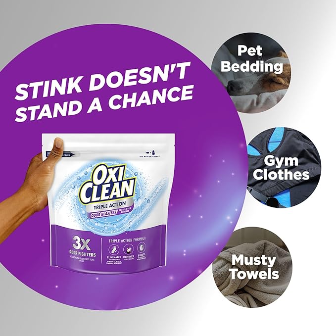 OxiClean Triple Action Odor and Stain Remover Powder, Use with Detergent, Eliminates Tough Odors and Removes Stains, Color Safe and Chlorine Free, 4 lbs