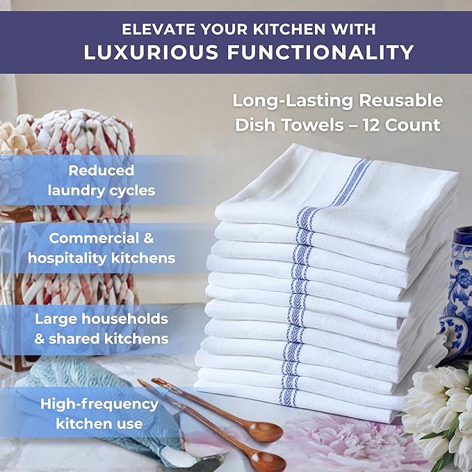 Bulk Kitchen Towels Cotton for Chefs in Commercial Restaurants - 15"X25" - 12 Pack - White Linen Tea Dish Towels - Lint Free Soft Absorbent Center Blue Striped Herringbone Weave Towles