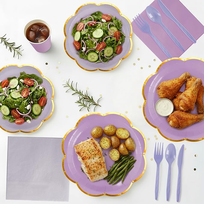 168Pcs Purple Paper Plates and Napkins Party Supplies,Purple Scalloped Party Plates with Gold Rim, Lavender Party Plates and Cups and Napkins Sets for Garden Party Baby Shower Wedding Birthday Picnic