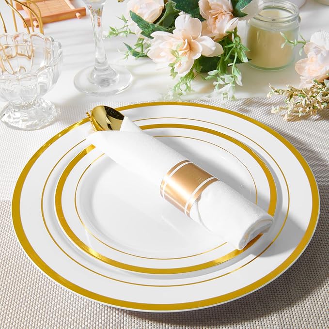 JollyPack 100 Piece Disposable Gold Plastic Party Plates, Including 50 10 Inch Dinner Plates and 50 7 Inch for Dessert, Great for Parties, Weddings, Home Use, and Thanksgiving