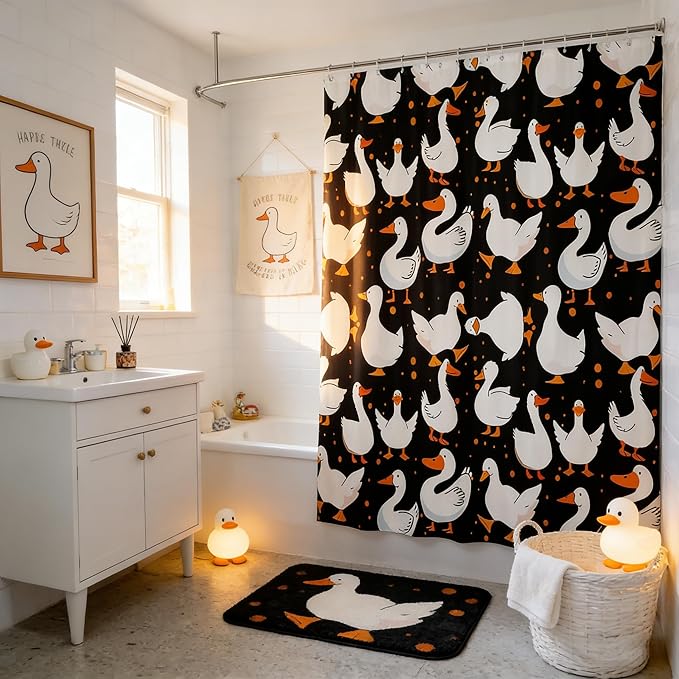 Homewish Cute Goose Bath Curtain Panel,Cartoon Farmhouse Livestock Animal Waterproof Fabric Shower Curtain,Kawaii Duck Hand Drawn Black Bathroom Curtain with 12 Hooks, 72Wx78L inch