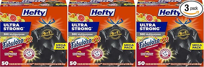 Hefty Ultra Strong 30 Gallon Trash Bags, Large Trash Bags 30 Gallon Size, Multipurpose, Break Resistant Drawstring Closure, Resists Leaks, Punctures, and Tears, Black, Fabuloso Scent, 50 Bags