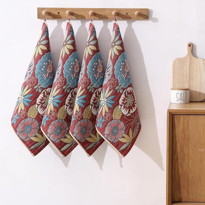 Dish Towels for Kitchen, Jacquard Woven Kitchen Towels Set, Reusable Reusable Cleaning Tea Towels Ultra Absorbent with Hanging Loop,Decorative Retro Hand Towels for Bathroom, Gift for Mom