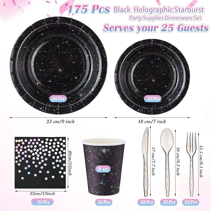 Hushee 175 Pcs Black Holographic Print Party Supplies Guests Disposable Dinnerware Set Include Paper Plates, Napkins, Cups, Plastic Cutlery for Wedding Birthday Disco Bachelorette