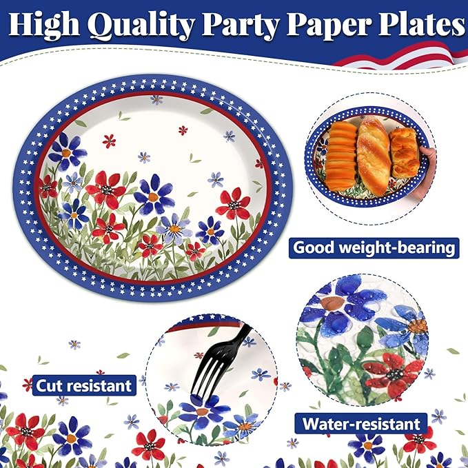 CHUNNIN 50 Pcs Memorial Day Oval Paper Plates Patriotic 4th of July Party Supplies Poppy Flower Summer Independence Day American Disposable Plates Floral Fourth of July Decorations