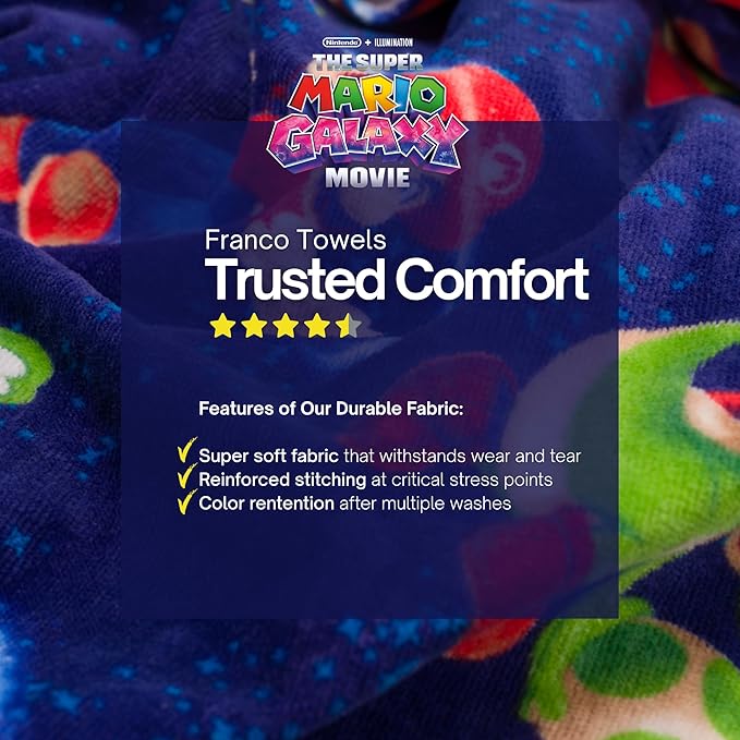 The Super Mario Galaxy Movie Kids Super Soft Bath/Pool/Beach Soft Cotton Terry Hooded Towel Wrap, 24 in x 50 in, Mario & Luigi, (100% Officially Licensed Product) by Franco