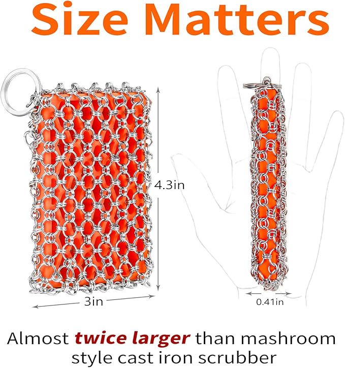 Herda 316L Cast Iron Scrubber Cleaner, Large Cast Iron Chain Mail Scrubber - Chainmail Scrubber Sponge - Metal Skillet Scrubbing, Wok, Dutch Oven Cleaning Kit-Detachable