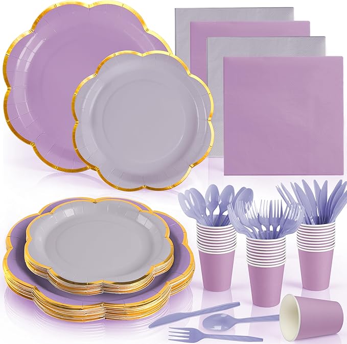 168Pcs Purple Paper Plates and Napkins Party Supplies,Purple Scalloped Party Plates with Gold Rim, Lavender Party Plates and Cups and Napkins Sets for Garden Party Baby Shower Wedding Birthday Picnic