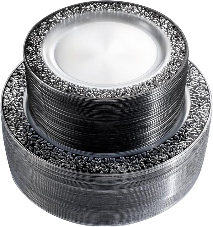 U-QE 100pcs Clear and Black Plastic Plates - Black Plates Disposable for Party - Disposable Plates for Premium Party Supplies Including 50 Dinner Plate 10.25 '' &50 Dessert 7.5 '' Plate