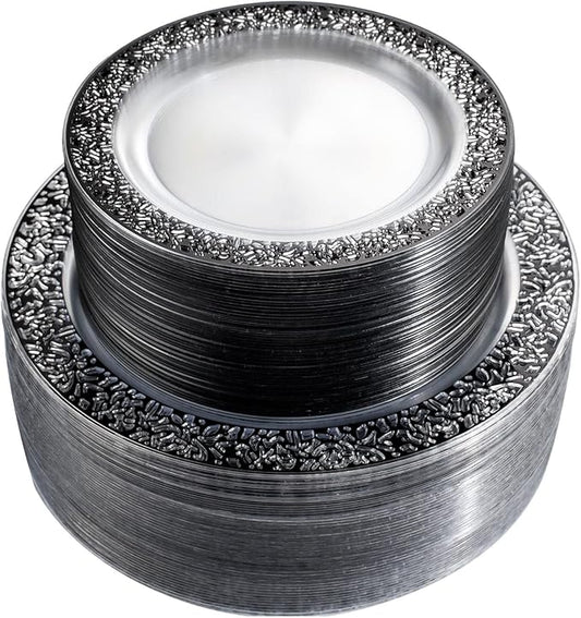 U-QE 100pcs Clear and Black Plastic Plates - Black Plates Disposable for Party - Disposable Plates for Premium Party Supplies Including 50 Dinner Plate 10.25 '' &50 Dessert 7.5 '' Plate