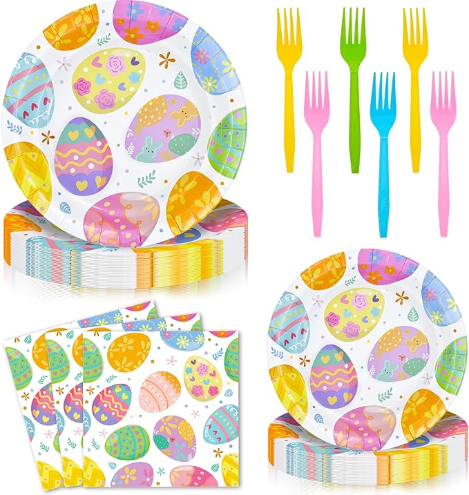 96 Pieces Easter Paper Plates and Napkins Tableware Set, Colorful Eggs Disposable Dinnerware with Plates, Napkins, Forks for Easter Spring Party Supplies-Serves 24