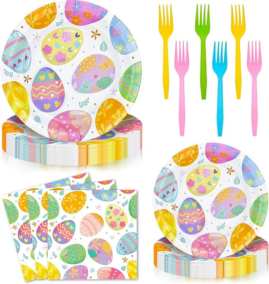 96 Pieces Easter Paper Plates and Napkins Tableware Set, Colorful Eggs Disposable Dinnerware with Plates, Napkins, Forks for Easter Spring Party Supplies-Serves 24