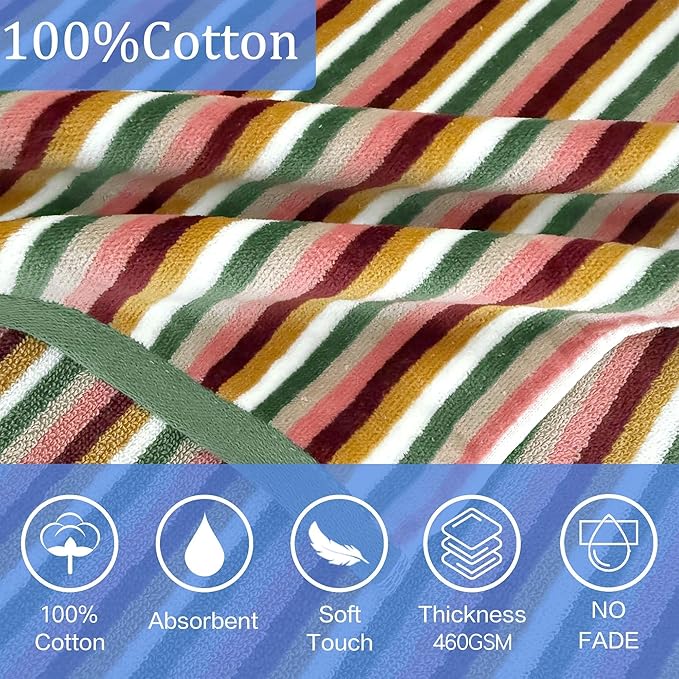VOOVA & MOVAS Hooded Poncho Towel for Teens Unisex 100% Cotton Vintage Premium Beach Outdoor Bath Cover Up Multicolor Retro Stripe