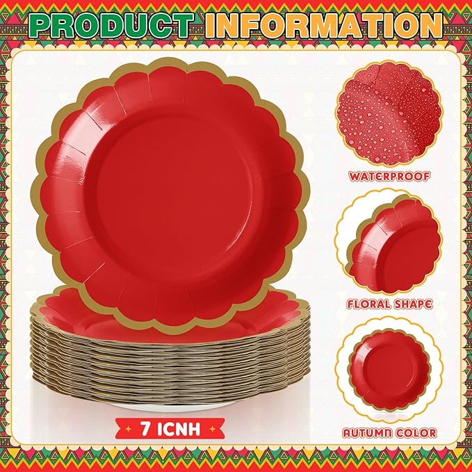 48 Pcs Red Green Yellow Black Paper Plates 7 Inch Scalloped Juneteenth African American Festival Disposable Dessert Plates for Black History Month Bridal Wedding Birthday Party Supplies