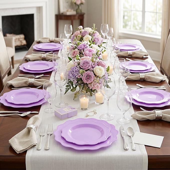 COLOSUS 60Pcs Lavender Purple Plastic Plates set,Heavy Duty Purple Disposable Plates include 30 Dinner plate 10.5” and 30 Salad/Dessert Plate 8.25” for Party and wedding
