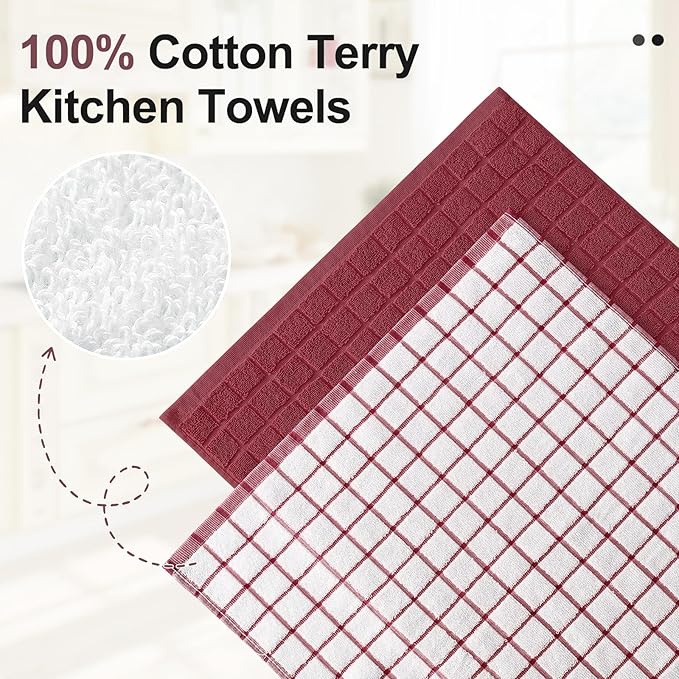 Homaxy Premium Cotton Kitchen Towels 16"x 28", Large Natural Ring Spun 390 GSM Dish Towels, Super Absorbent Terry Kitchen Hand Towels, Soft Tea Towels with Hanging Loop, Red Check Design, 12 Pack