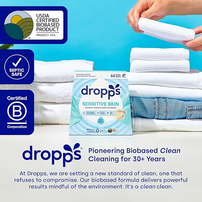 Dropps Sensitive Skin Laundry Detergent Pods, Crisp Breeze (64 Count) - Hypoallergenic & Dermatologist Tested | Dye Free | Laundry Pods for Sensitive Skin | Clean Ingredients | Plastic Free Packaging