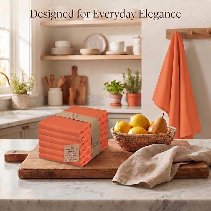 Urban Villa Kitchen Towels 100% Cotton Dish Towels for Kitchen(Set of 6)20”x30” Dish Cloths Highly Absorbent Kitchen Linen Set with Hanging Loop Perfect for Drying Dishes Cleaning Hand Towels – Orange