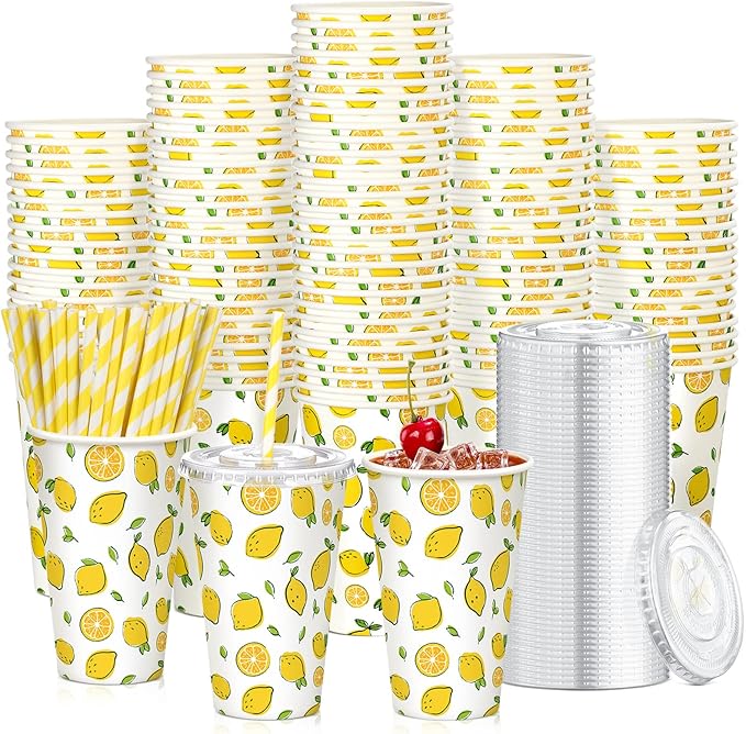 Tessco 150 Pieces/50 Sets Lemonade Cups with Lids and Paper Straws 16oz Disposable Iced Coffee Paper Cup Summer Citrus Cold Lemonade Stand Supplies for Fruit Party Beverages Drinks Juices