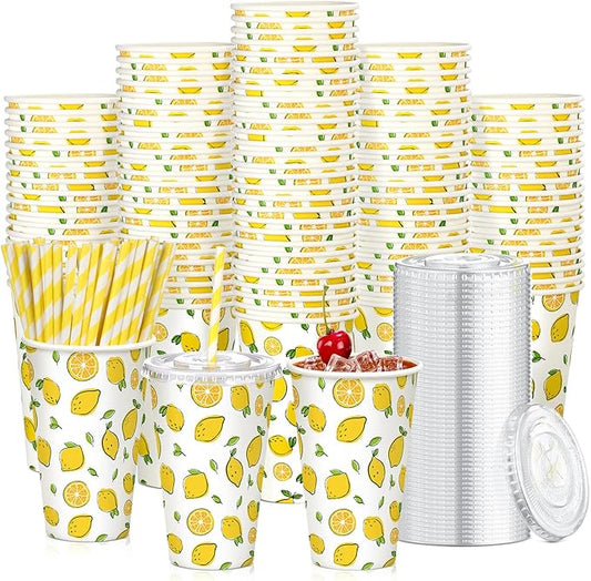 Tessco 150 Pieces/50 Sets Lemonade Cups with Lids and Paper Straws 16oz Disposable Iced Coffee Paper Cup Summer Citrus Cold Lemonade Stand Supplies for Fruit Party Beverages Drinks Juices