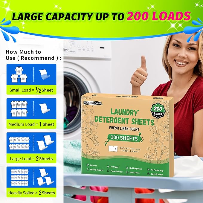 Laundry Detergent Sheets - Fresh Linen Scent, 200 Loads (100 Sheets), Plastic Free Laundry Sheets for Travel, Dorms, Home, Apartments, Eco & Hypoallergenic