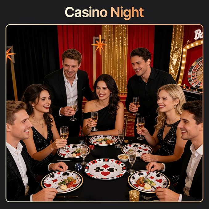 100 Pcs Casino Party Supplies for 25 Guests, Heavy-Duty 7" & 9" Paper Plates, 2-Ply 13" Napkins & Plastic Forks, Disposable Tableware Set for Casino Night Vegas Game Night and Poker Party