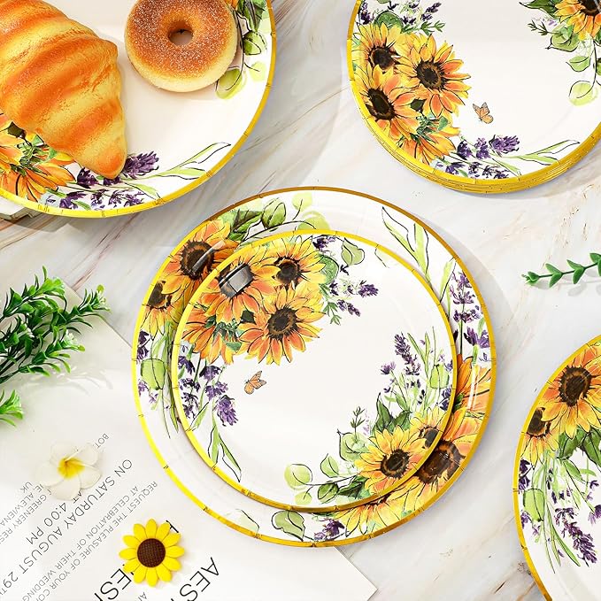 Sunflower Party Supplies Kit Serves 24 Watercolor Floral Paper Plates Napkins Disposable Plastic Forks for Summer Baby Shower Birthday, 7 inch, 9 inch