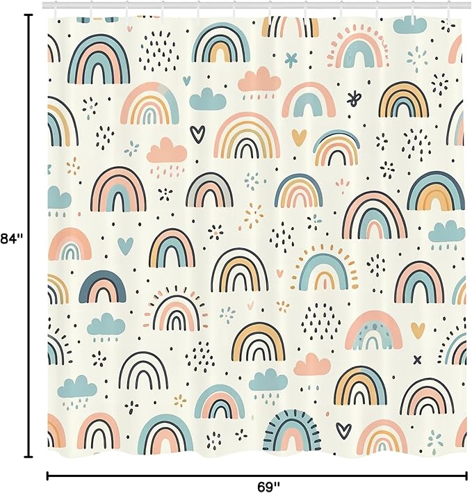 Ambesonne Rainbow Shower Curtain, Funny Scandi Art Cloud and Curving Lines Colorful Joy Happy Atmosphere, Cloth Fabric Bathroom Decor Set with Hooks, 69" W x 84" L, Ivory Blush Soft Blue