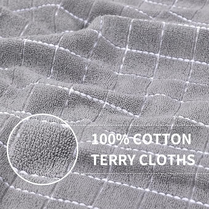 Homaxy 100% Cotton Terry Kitchen Towels(White and Light Grey, 13 x 28 Inches), Checkered Designed, Soft and Super Absorbent Dish Towels, 6 Pack